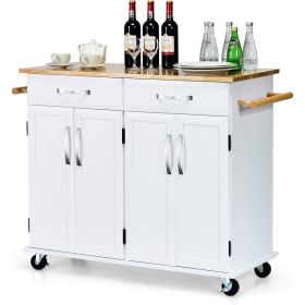 White Kitchen Island Cart | Wood Top with Drawers & Storage Cabinet