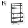Black Metal & Wood Freestanding Bakers Rack | Kitchen Shelf & Microwave Stand
