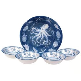 5-Piece Blue & White Beach-Themed Dinner Bowl Set