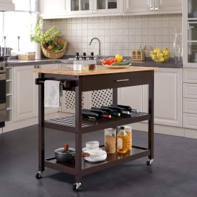 Dark Brown Kitchen Island Cart | Wood Top with Drawer & Shelves