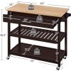 Dark Brown Kitchen Island Cart | Wood Top with Drawer & Shelves