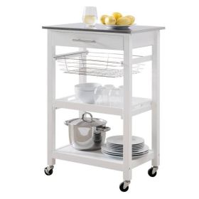 White Kitchen Cart | Stainless Steel Top with Drawer