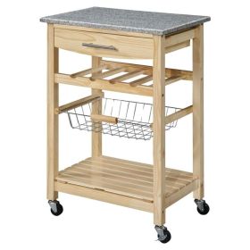 Natural Wood Kitchen Island Cart | Granite Top with Storage