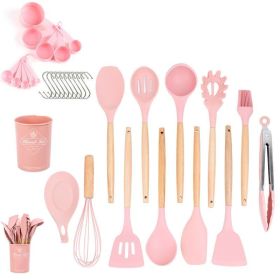 Silicone Kitchen Utensil Set | Wooden Handles (Color: Pink)