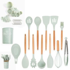 Silicone Kitchen Utensil Set | Wooden Handles (Color: Light Green)